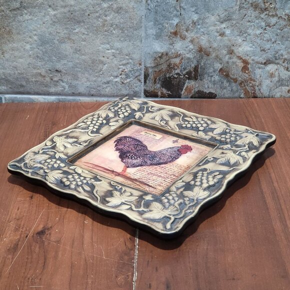 Rooster Plaque Plate Pair Ceramic Square 3D Grape Vine Frame - Picture 9 of 10